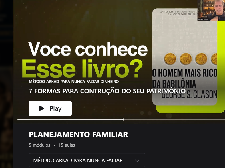Área de membros do Método Arkad com o vídeo de abertura e a lista de módulos